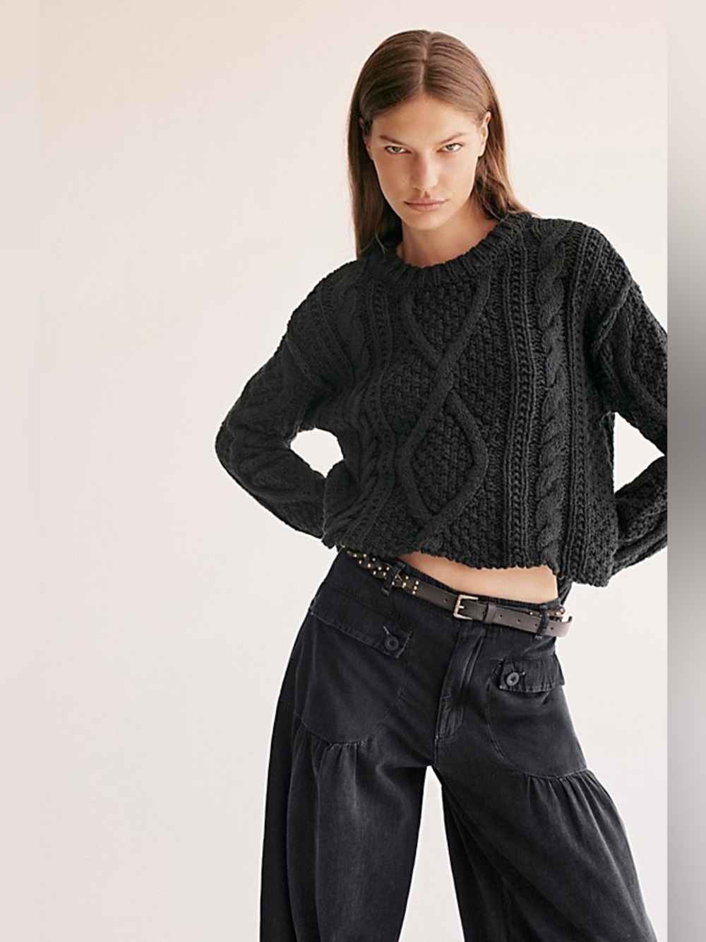 Free People Cutting Edge Cable Pullover Black Scoopneck Sweater Slouchy Crop